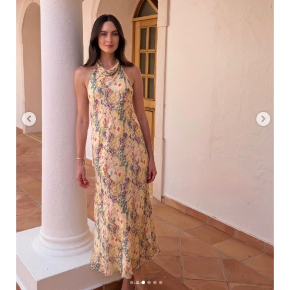 Zara Maxi Dress Butter Yellow Floral‎ Halter NWT Sz L Chiffon Cocktail Formal